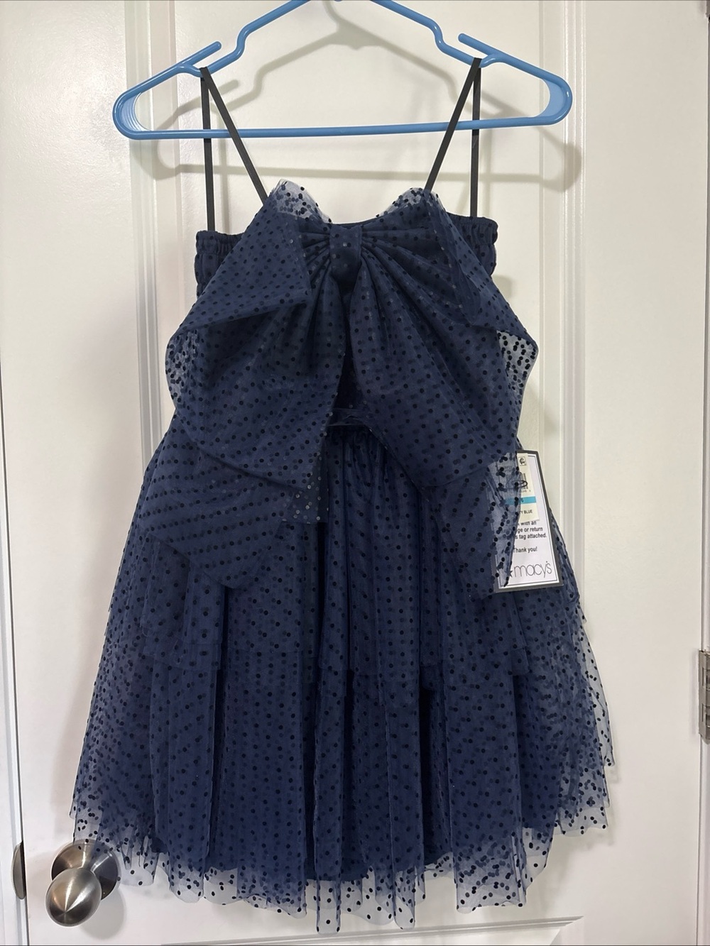 B Darlin Juniors' Blue Bow-Trim Polka-Dot Strapless Dress Size 5/6